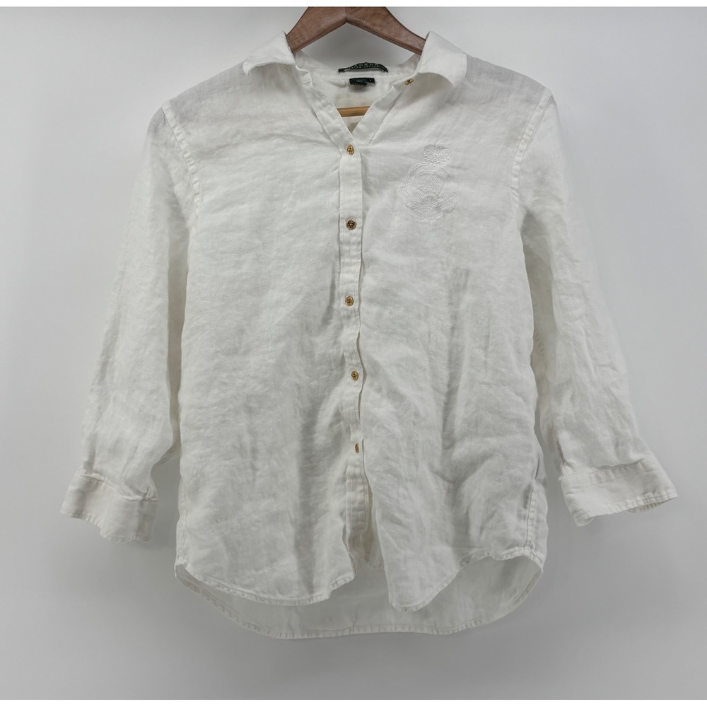 Lauren Ralph Lauren 100% Linen Top Women's L Button Up White Embroidered Crest